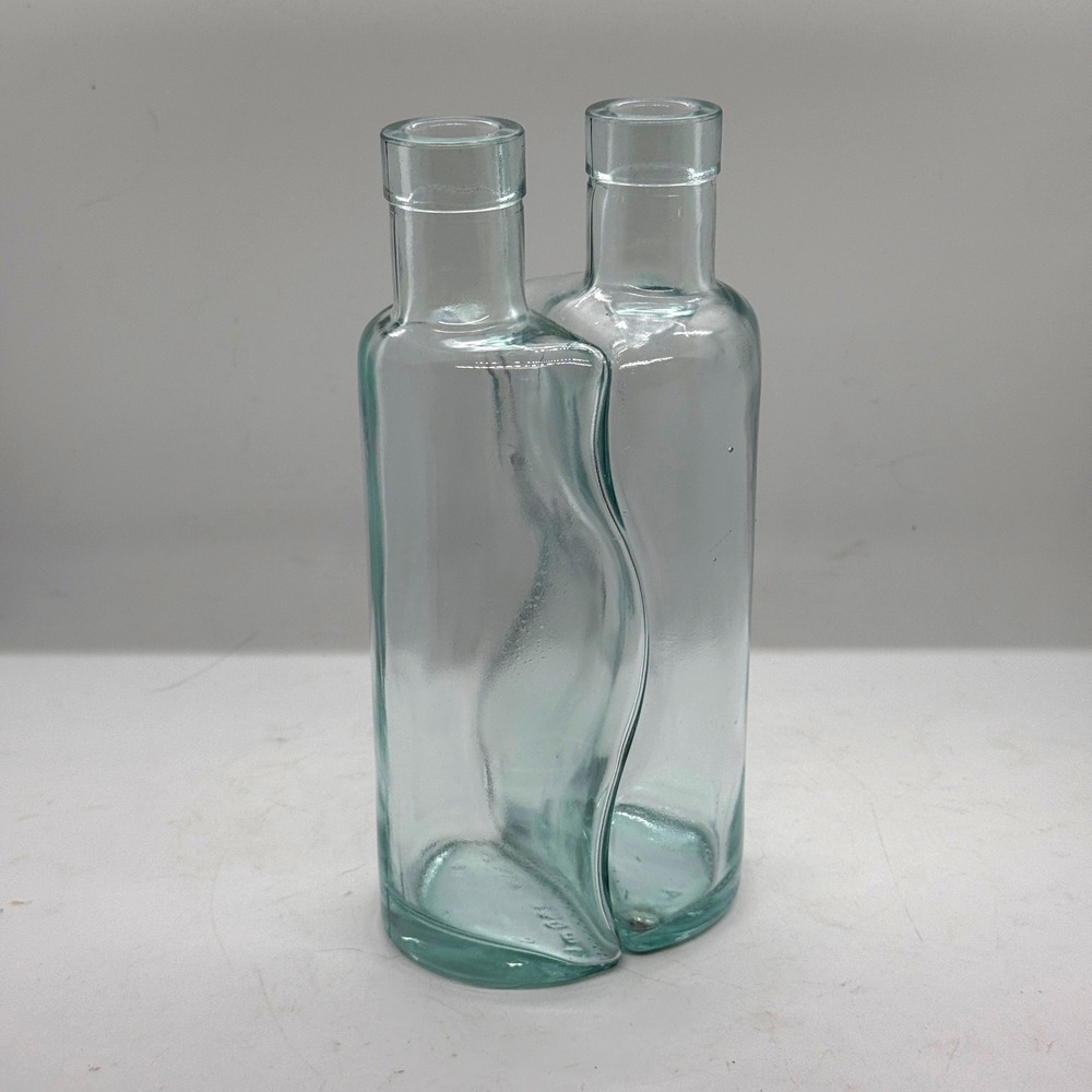 ITALIAN VETRERIA ETRUSCA 2 GLASS HALF WAVY BOTTLES THAT CONNECT - Green Tint‎